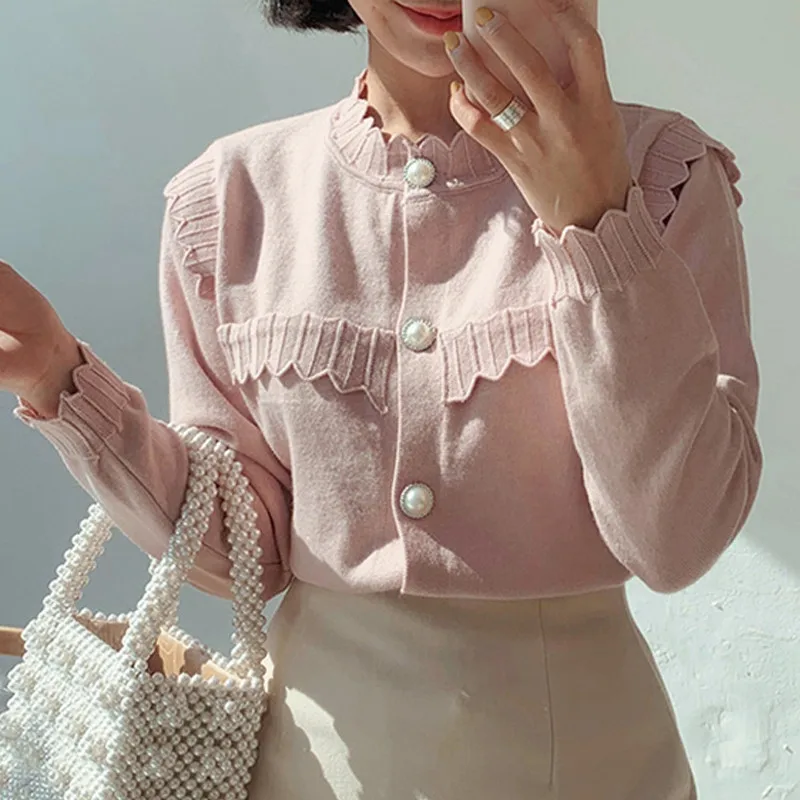 Pink women sweater RICININA, вязаный свитер, кардиган для женщин, весна, круглый вырез, пуговицы, оборки, милый свитер для женщин, элегантный,, Повседневный Кардиган, топы - Цвет: Pink women sweater