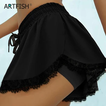 

2020 Summer Cute Shorts Elastic Waist Lace Shorts Street Wear Loose Casual Women Gym Bottom Double Layer Sport Mini Shorts G1525