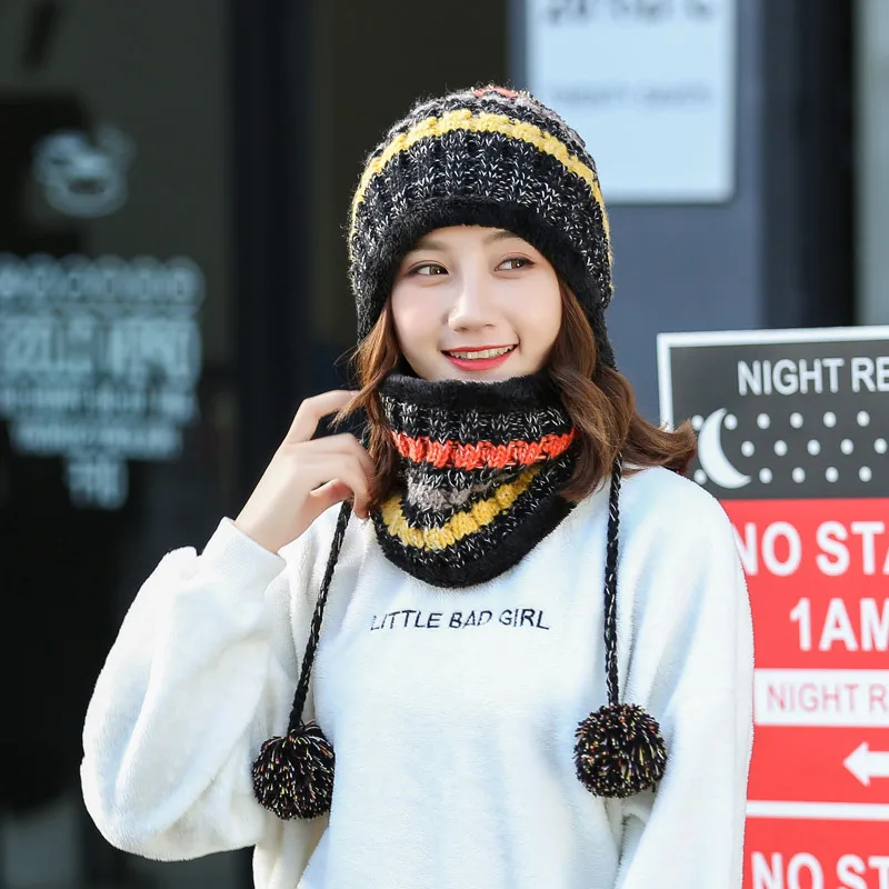 Новинка, теплая вязаная шапка, шарф, набор, для женщин, Pom Poms Beanie, шапка для зимы и осени, маска для шеи, шапка для девочек, Балаклава, Sacrf Skullies, шапки
