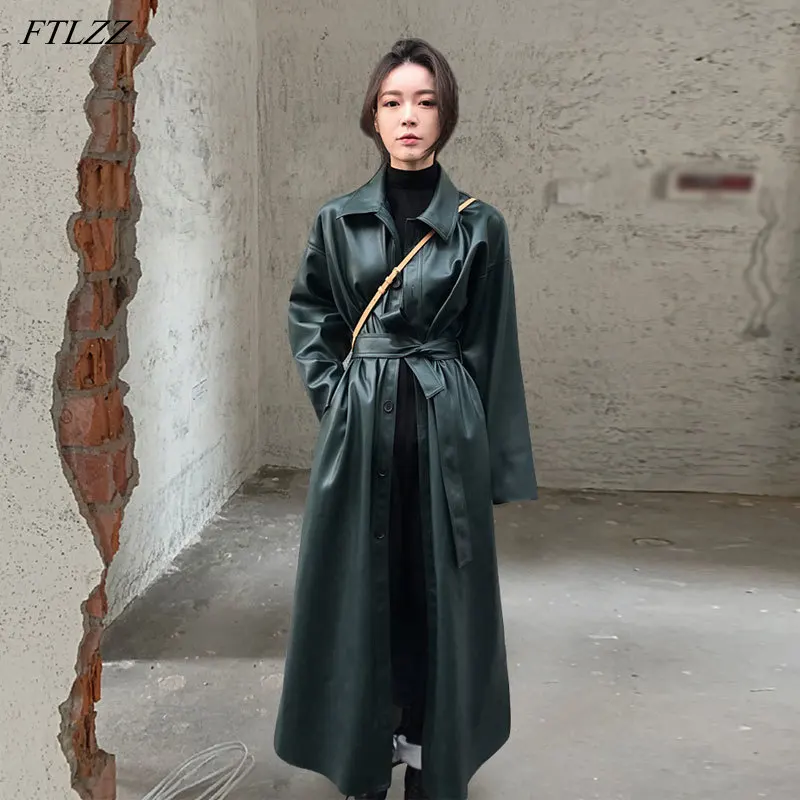 FTLZZ новая весенняя женская длинная куртка из искусственной кожи ветровка