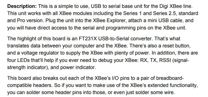 1 шт. x WRL-11812 Xbee Explorer USB, макетная плата