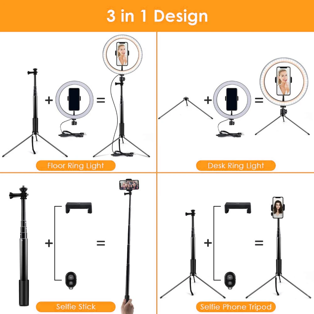 3 in 1 design ring light with selfie stick tripod
