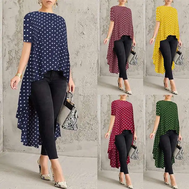 

Plus Size Tunic Women's Asymmetrical Blouse ZANZEA 2020 Elegant Printed Tops Casual Short Sleeve Shirts Female Polka Dot Blusas