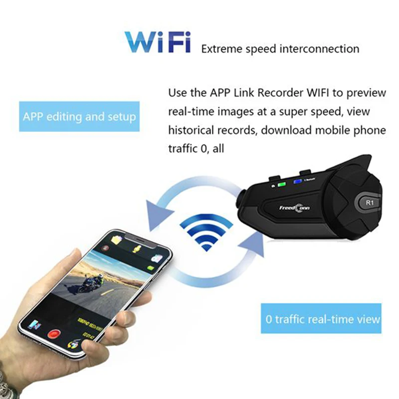FreedConn мотоциклетный видеорегистратор, универсальный 1080P мотоцикл wifi Bluetooth 4,1 шлем гарнитура домофон с водонепроницаемым wifi Functi