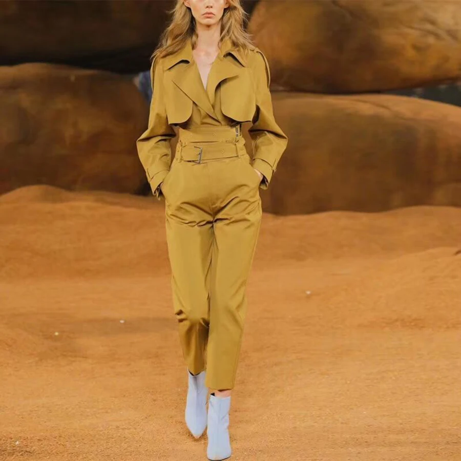 

2019 Autumn Fashion 2 Piece Outfits for Women Trun-down Loose Short Style Coat Empire Sashes Pencil Pants Two Piece Set