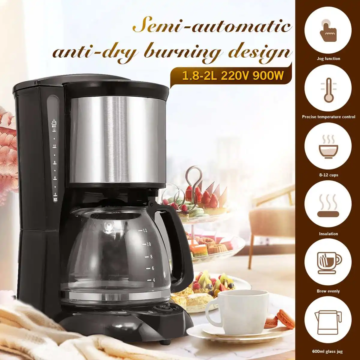 2L 8-12 Cangkir Mesin Kopi 220V Pembuat 