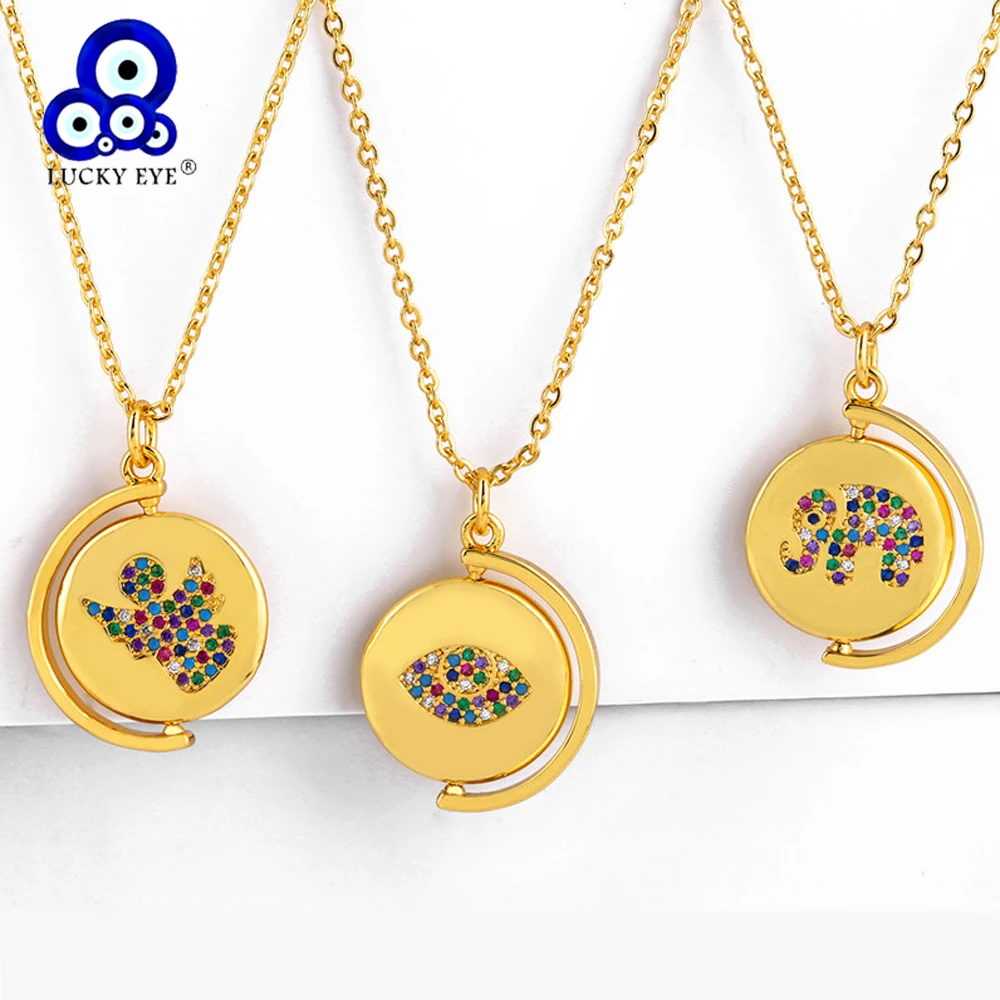 

Lucky Eye Angel Elephant Evil Eye Necklace Gold Color Chain Micro Pave Colorful Zircon Pendant Necklace Jewelry for Women LE268