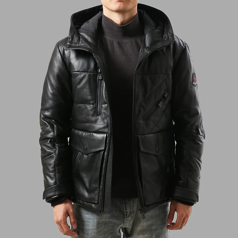 50% OFF AV-B01 big European size quality super warm genuine sheep skin duck down leather jacket mens sheep leather duck down coat