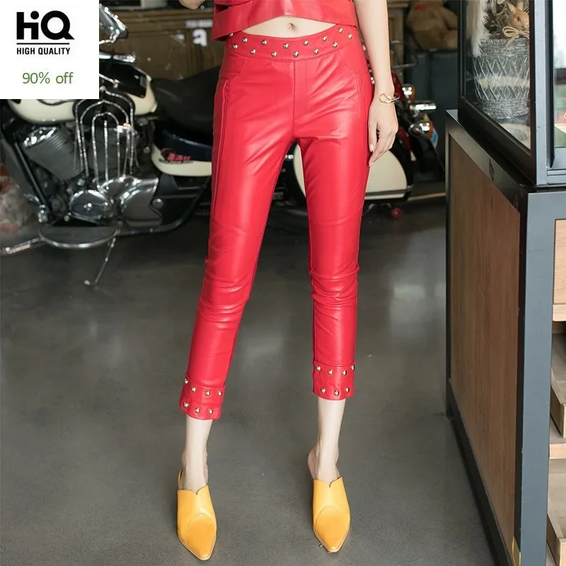 

2020 Spring Women Patchwork Elastic Leggings Pencil Trousers Female High Street Rivets Sheepskin Real Leather Calf Length Pants