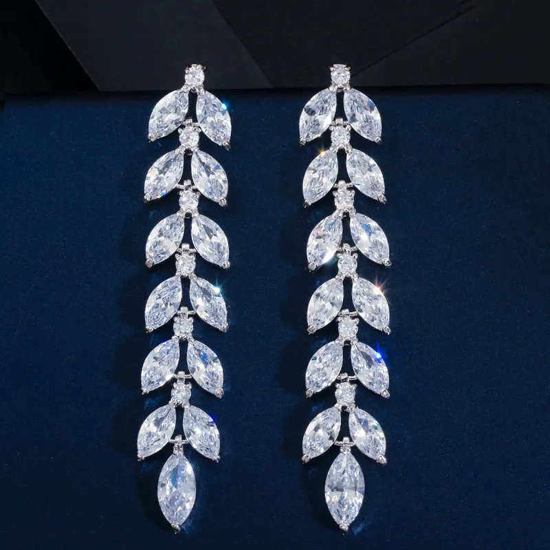 Silver CWWZircons огранка маркиз кластер CZ цирконий Кристалл Длинные висячие серьги в форме листа желтого золота свадебные украшения для женщин CZ603 - Окраска металла: Silver