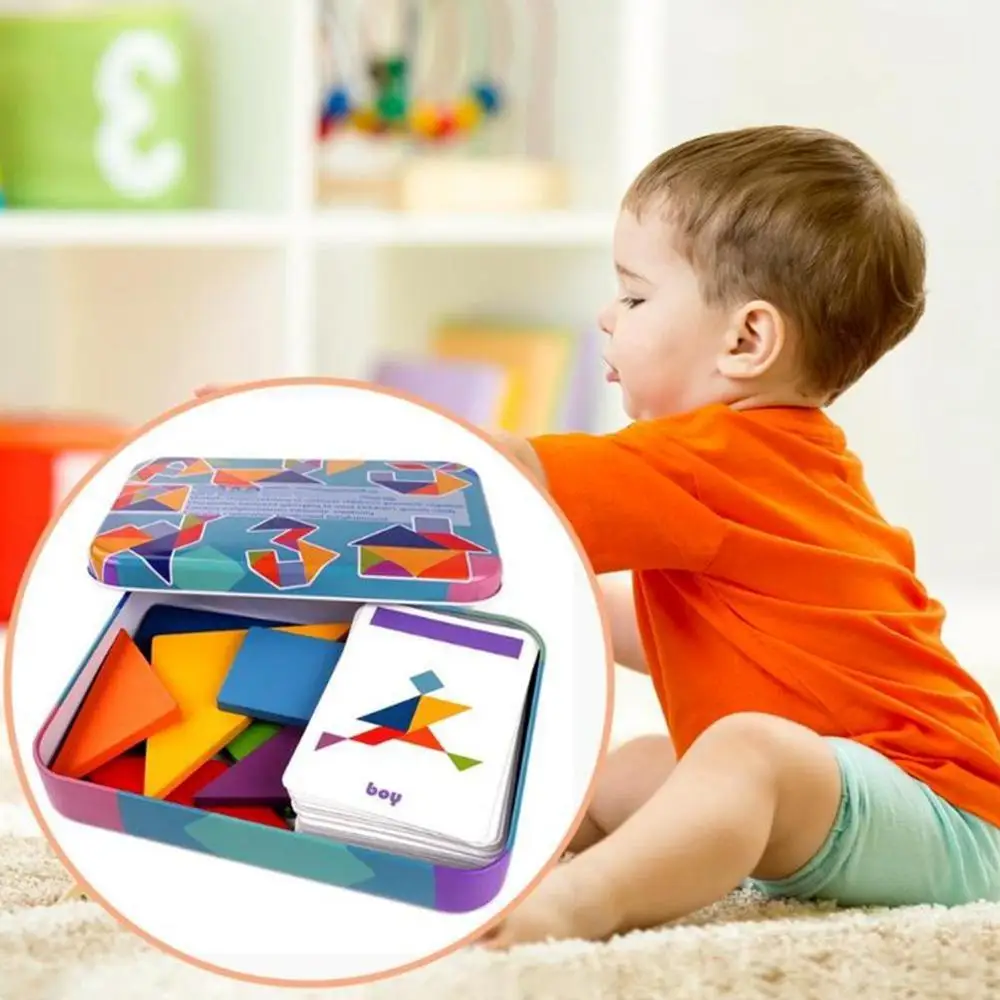 

Game Training Wooden Jigsaw Kit Classic Geometric Shape Tangram Iron Box Children Tangram Puzzle Toy Educational