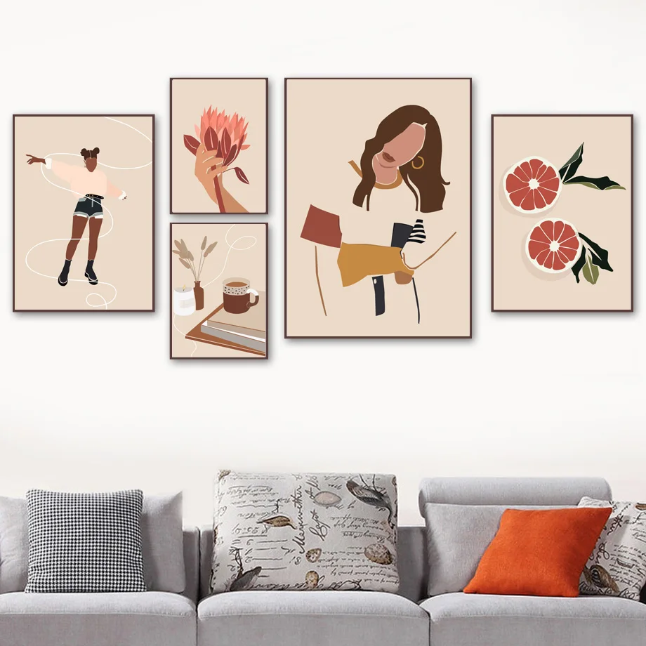 Abstract-Girl-orange-Leaf-Cup-Nordic-Posters-And-Print-illustration-Wall-Art-Canvas-Painting-Wall-Pictures