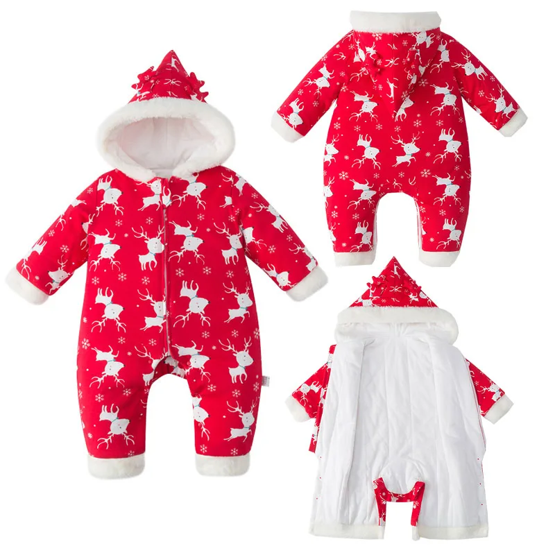 

Baby Boy Girl Christmas Hooded Thicken Fleece Romper for Newborn Rompers Cartoon Christmas Deer Tree One-Piece Infant Jumpsuit
