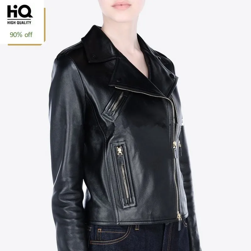 

Brand Luxury Womens Sheepskin Jacket Slim Fit Genuine Leather Short Outerwear Casual Pocket Zipper Black Biker Jacket Female