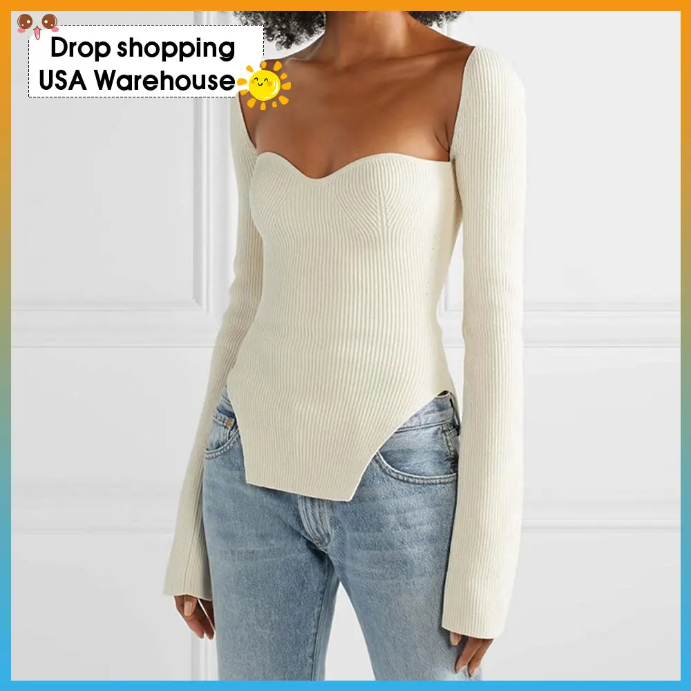 

French elegant sexy square slimming curve hem split solid sweater Casual Top Autumn Winter 2020 Black Pullover Solid Jumper Knit