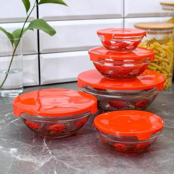 

Set of salad bowls with lids "Rose", 5 pcs: 130/200/350/500/900 ml, red