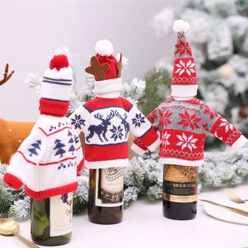 

Christmas New Knitted Wine Set Wine Set Champagne Wine Bottle Knitting Hats Bottle Bag Decoration Christmas Party Table Decor