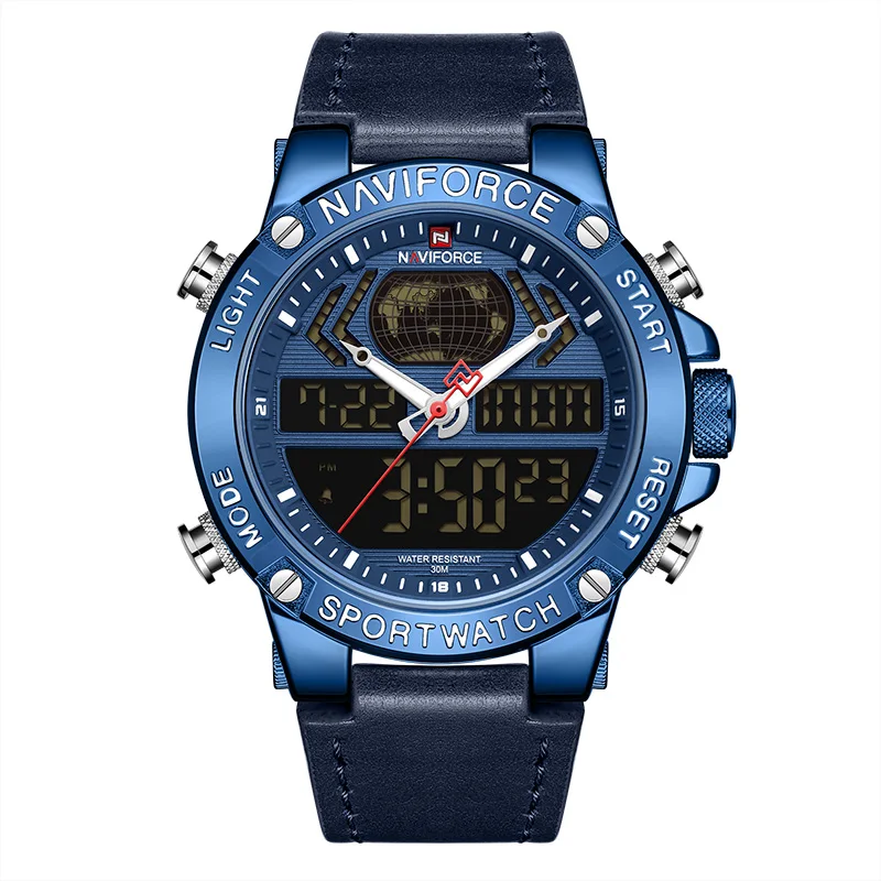 Blue Топ люксовый бренд NAVIFORCE часы мужские кожаные водонепроницаемые спортивные мужские кварцевые аналоговые часы цифровые часы мужские часы - Цвет: Blue