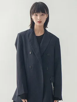 

Single Breasted Woman Blazers Korean High Quality Women Blazers For Office Casual Long Sleeved Blue Striped Suit Womens