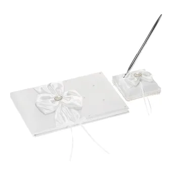 

White Satin Ribbon Bowknot Wedding Guest Signature Book And Pen Stand Set Guest Book White Satin Ribbon Wedding Guest Book