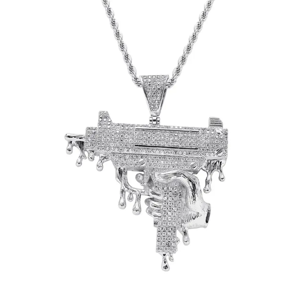 Silver Льдом латунь CZ Большой Тяжелый в форме оружия Кулоны из нержавеющей стали мужские ювелирные изделия Хип-хоп Цепочки и ожерелья вечерние подарок модные 24 дюймов золото ожерелье с подвеской-пистолетом - Окраска металла: Silver