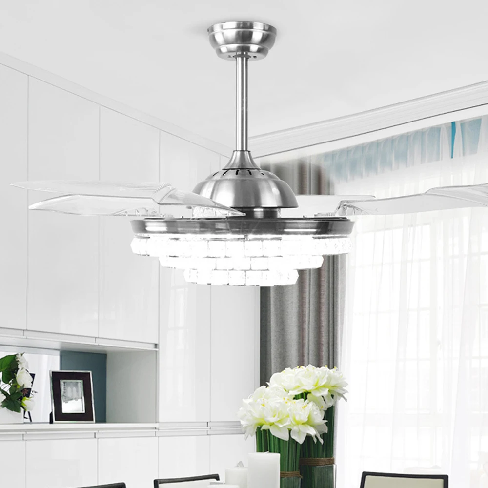 

42 inch LED crystal ceiling fan remote controll 36w folding retractable lamp living room bedroom Multifunctional Modern fan lamp