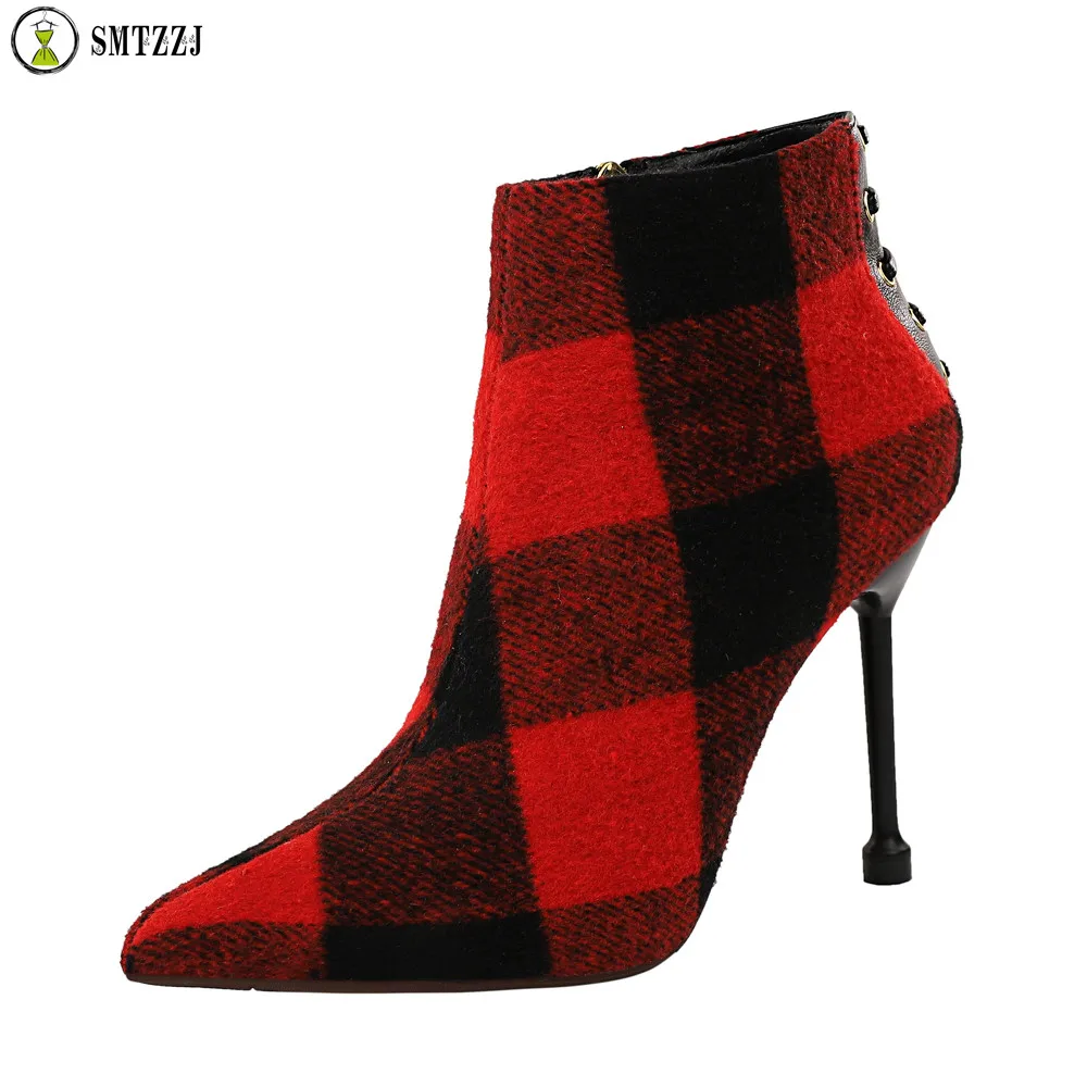 

Pointed Plaid Autumn Winter Zipper Design Women White Red Thin High Heels Pointed Boots Fashion Ankle Boots Shoes Ladies Sexy Pump Heels Shoes