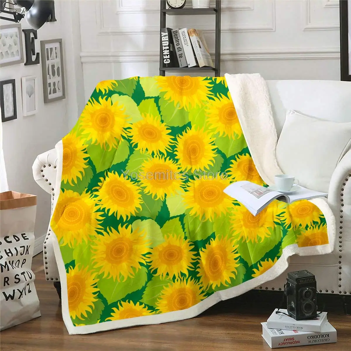 

Castle Fairy Yellow Sunflowers Sherpa Blanket Couch Sofa Chair Bed Large Green Leaf Flannel Throw Floral Garden Theme Blanket