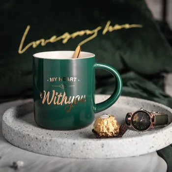 

Nordic Light Luxury Coffee Cup Creative Ceramic Mug with Handle Spoon Large Capacity Household Breakfast Milk Mugs Couples Cups