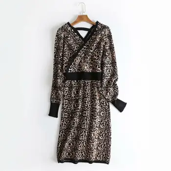 

E CN WOMAN Vintage Khaki Leopard Dress Women Sexy Cross V-Neck Straight Dresses Knee-Length Elegant Ladies Vestidos