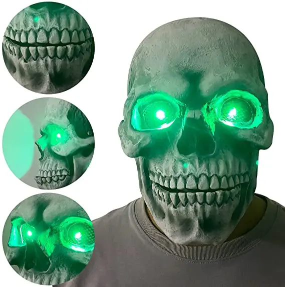 Halloween Glowing Skull Movable Mouth Latex Mask Luminous Eyes Face Cosplay Devil Ghost Horror Mask Skeleton Helmet Game