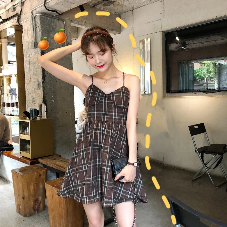 

Photo Shoot WOMEN'S Dress Spring Summer New Style Sweet College Plaid Strapped Dress