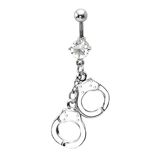 

14G Surgical Steel CZ Crystal Belly Button Ring Handcuffs Navel Piercing Jewelry Bar Length 12mm