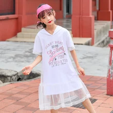 Новинка года, летнее Сетчатое платье в стиле пэчворк для маленьких девочек Модное детское платье с буквенным принтом для девочек, Повседневное платье с капюшоном для девочек#9003