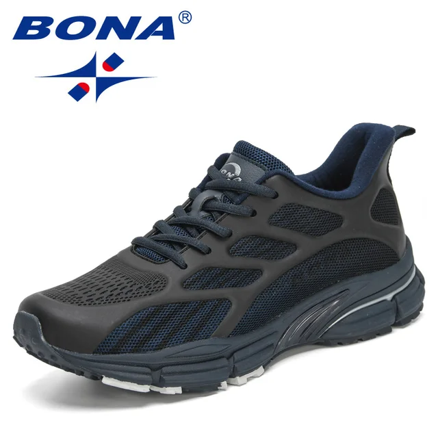 BONA 2021 New Designers Mesh Sports Running Shoes Men Outdoor Walking Shoes Man Casual Sneakers Breathable Nonslip Footwear Deep blue black