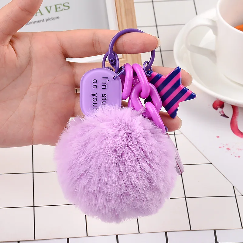 Fluffy Black Red Pompom Faux Rabbit Fur Ball Keychains Plastic Star Key Rings Key Holder Trendy Jewelry Bag Key Chain Gift