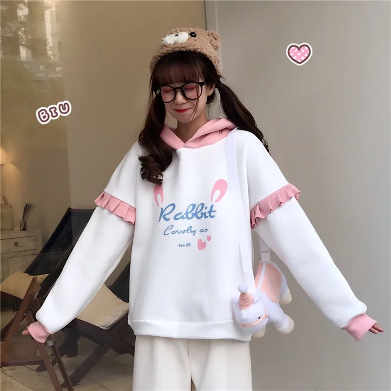 Lychee Harajuku милые женские флисовые толстовки с капюшоном с надписью и оборками милые свободные женские толстовки весна осень зима женские топы