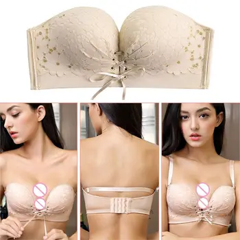 

Women Sexy Floral Lace Push Up Strapless Bra Lace-Up Drawstring Wirefree Non-Slip Invisible Bandeau Wedding Dress Seamless Under