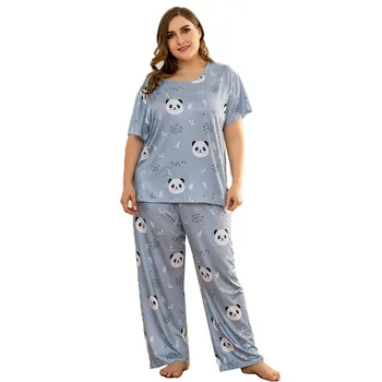 

Plus size homewear for fat ladies plus size cotton short-sleeved pajamas trousers two-piece knitted cotton ladies homewear