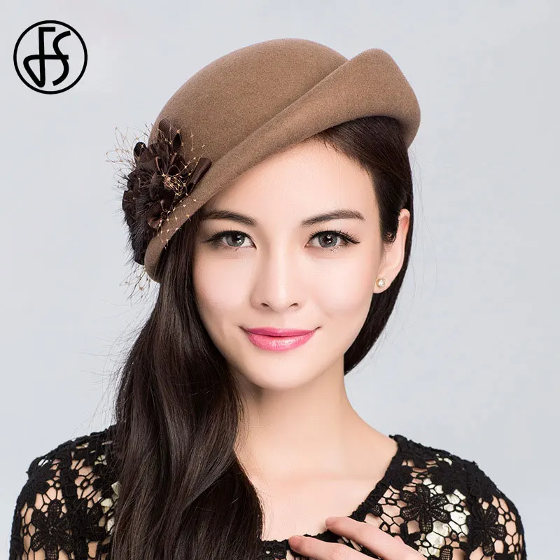 Elegant Wool Beret with Felt Flower Accent - Women's Winter Black Fedora Hat