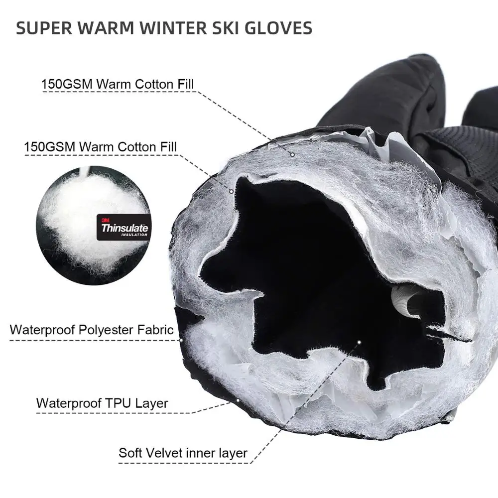 MOREOK Ski Gloves 3M Warm Full Finger Touch Screen Winter Cycling Gloves Reflect Bike Glove Windproof Motorcycle Glove Men Women 2