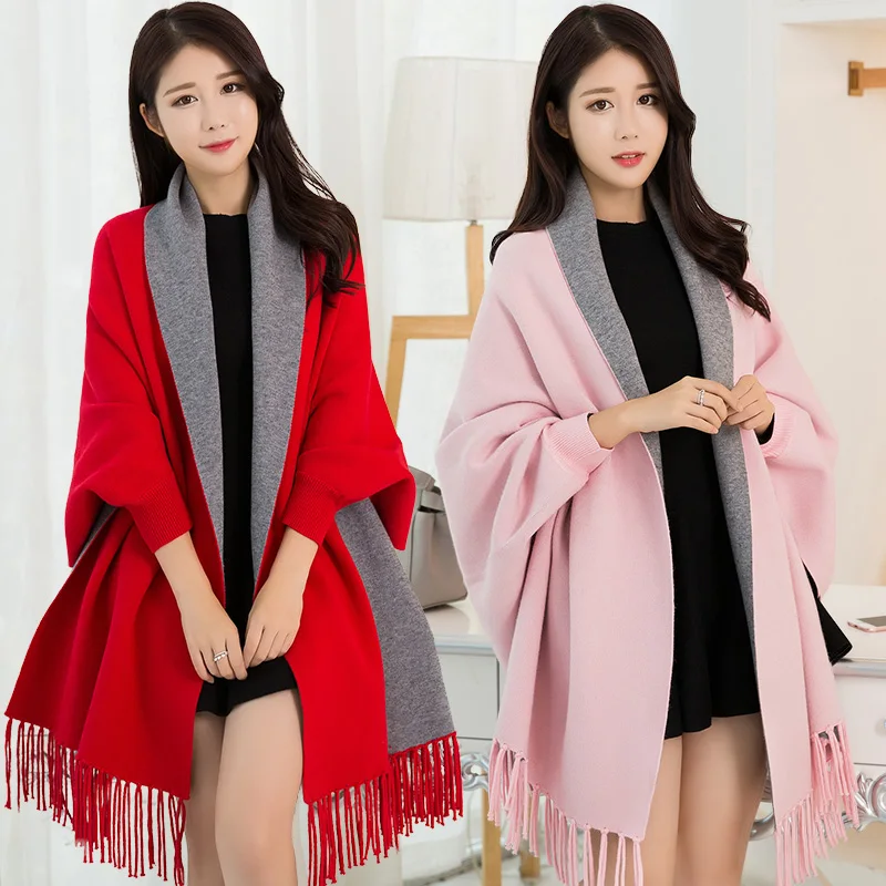 

Women Winter Poncho Coat with Sleeve Brand 2019 Wearable Shawls and Wraps for Ladies Warm Scarf Stole Thicken Reversible Ponchos