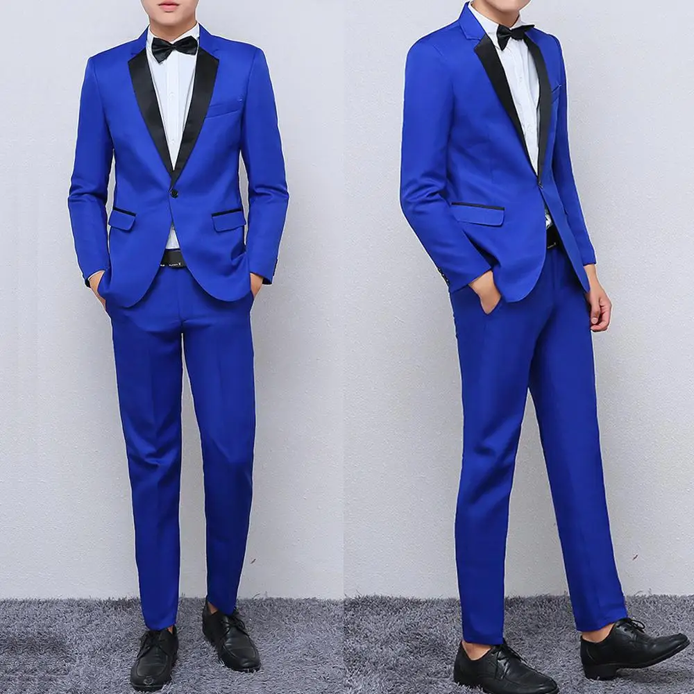 Синий мужской костюм, официальные костюмы на выпускной, свадьбу для мужчин, приталенный пиджак-смокинг для жениха со штанами, 2 предмета, дизайн, костюм с блейзером - Цвет: Синий