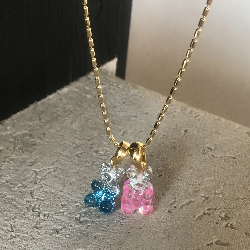 2021 Candy Color Gummy Bear Resin Pendant Necklace for Women Simple Golden Metal Chain Necklace Female Fashion Jewelry Gifts 