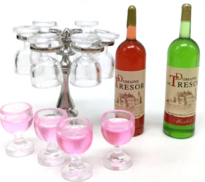 1 набор, миниатюрный кукольный домик, барная стойка, мини-бутылка для вина, шампанского, стеклянный держатель, стойка для игр, кухонная мебель, игрушки, аксессуары - Цвет: silver rack pink cup