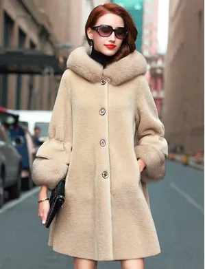 Granular sheep shearing coat women's long Haining 100% Real fox fur collar hooded one piece free shipping JN939 |