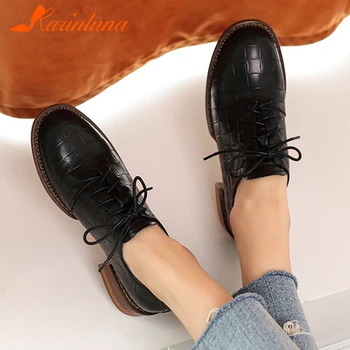 

Karinluna 2020 Hot Sale Genuine Cow Leather Lace-Up Shoes Woman Pumps Thick Heels Top Quality Office Lady Pumps Female