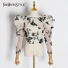 TWOTWINSTYLE Embroidery Butterfly Mesh Shirt Women O Neck Puff Sleeve Top Perspective Blouse Female Fashion 2022 Tide ► Photo 1/6