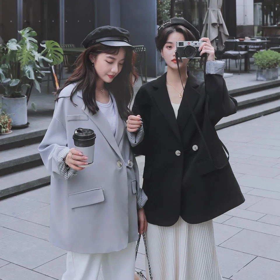 

Photo Shoot Young-Style CHIC Best Friend-Chic Double Breasted Warm Grey Stripes Cuff Loose-Fit Small Suit Coat Women's