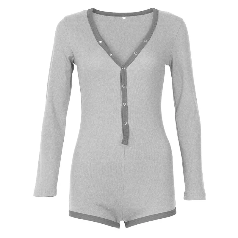Long Gray-dark gray Боди для женщин, новинка, сексуальное боди для девушек, v-образный вырез, длинный рукав, облегающие комбинезоны с пуговицами, повседневные, розовые, пэчворк, вязанные, хлопковые боди - Цвет: Long Gray-dark gray